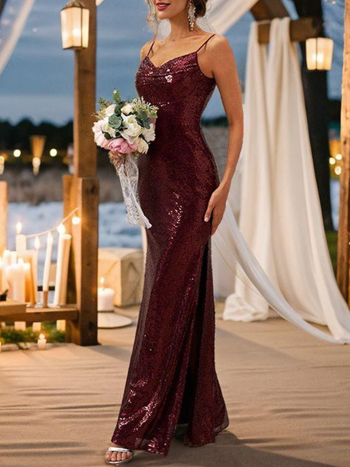 Sheath Sequins Sleeveless Floor Length With Side Fork Bridesmaid Dress