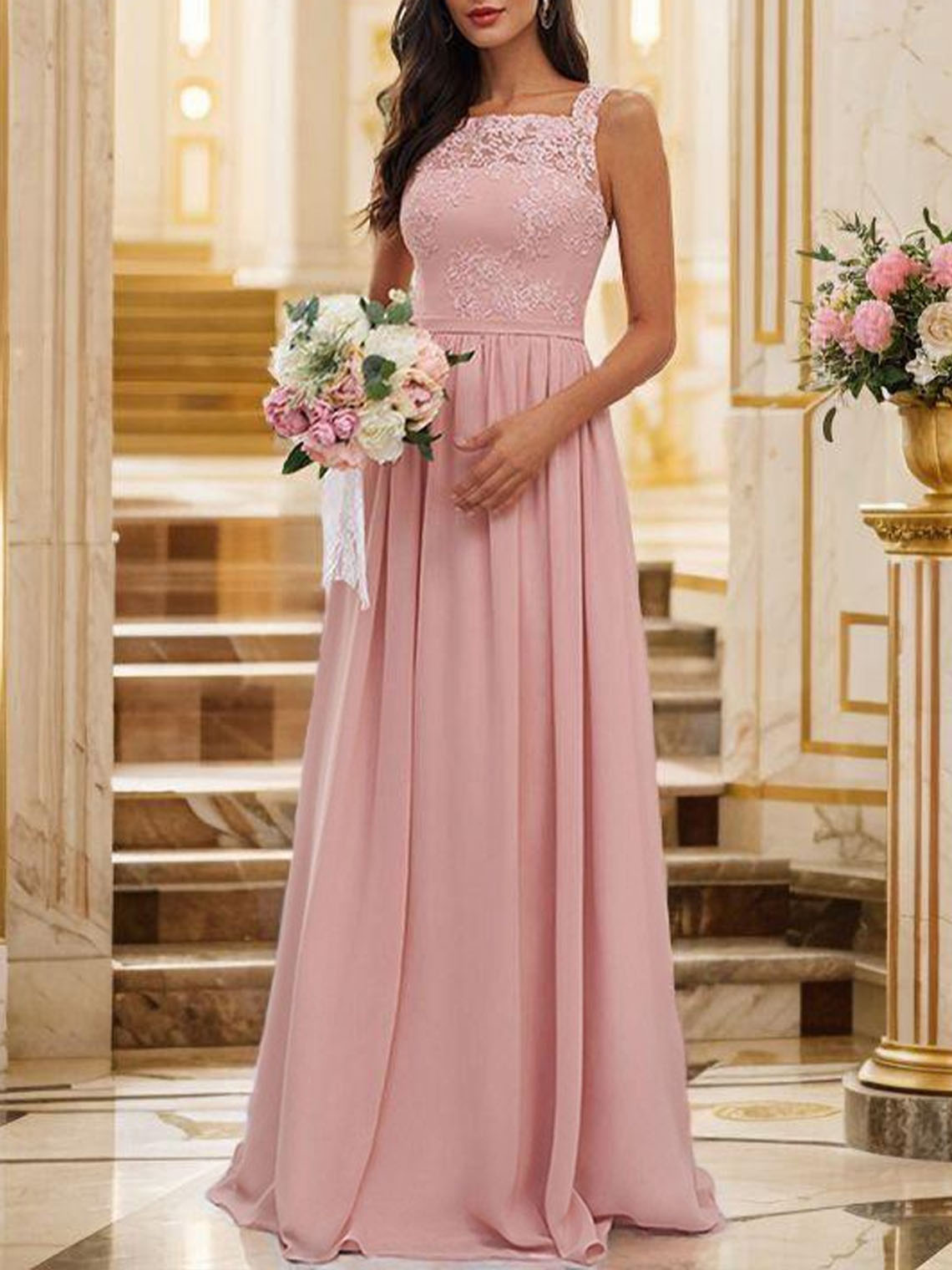 A Line Pink Chiffon Square Sleeveless Floor Length Bridesmaid Dress