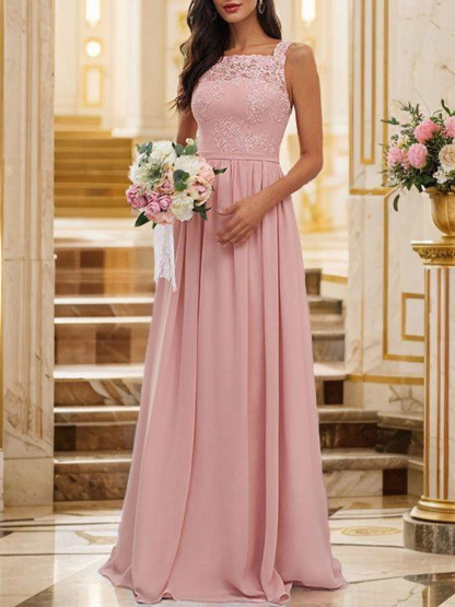 Dress A Line Pink Chiffon Square Sleeveless Floor Length Bridesmaid Dress