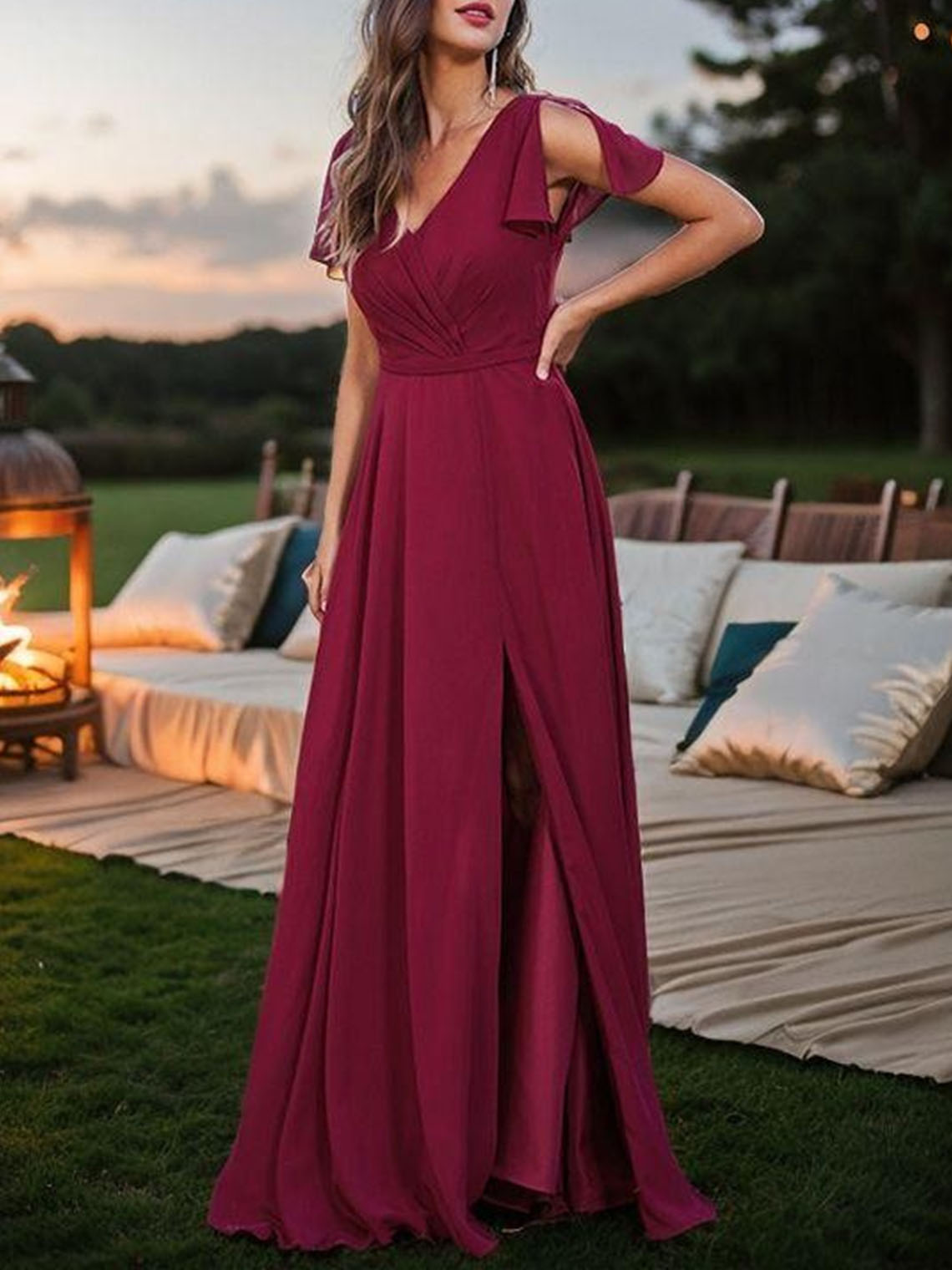 A Line Chiffon V Neck Floor Length With Split Bridesmaid Dresses