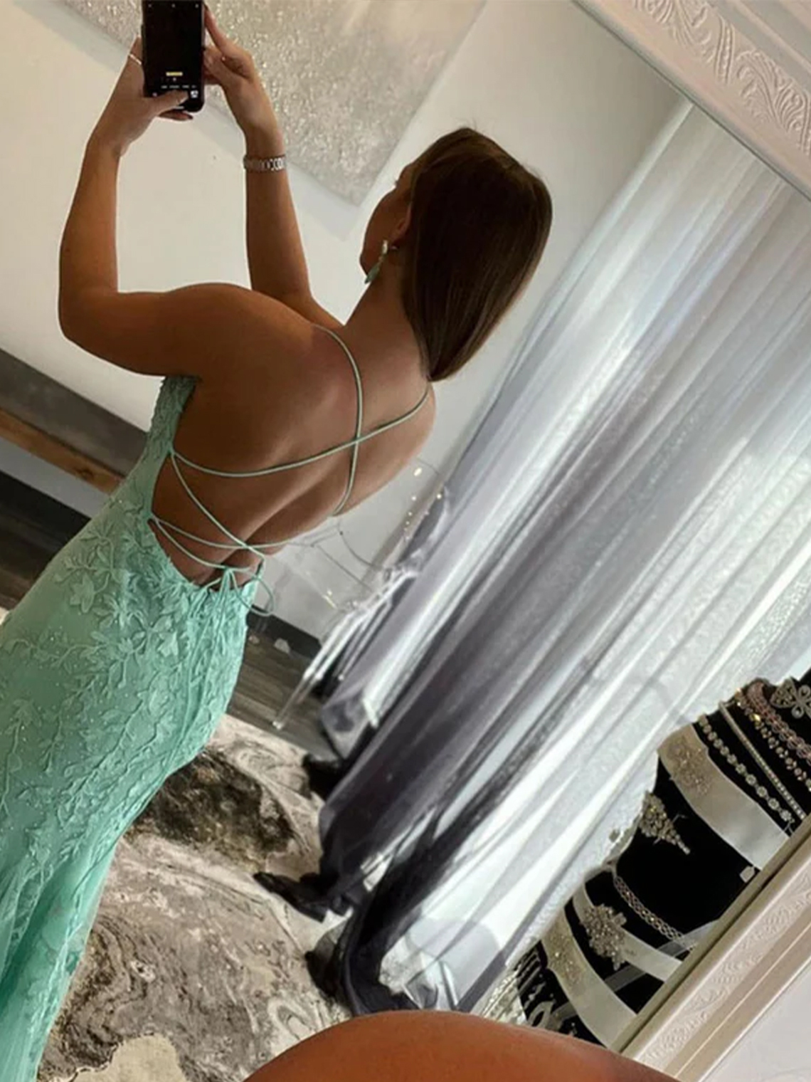 Mermaid Spaghetti Straps Lace Tulle with Appliques Prom Dress