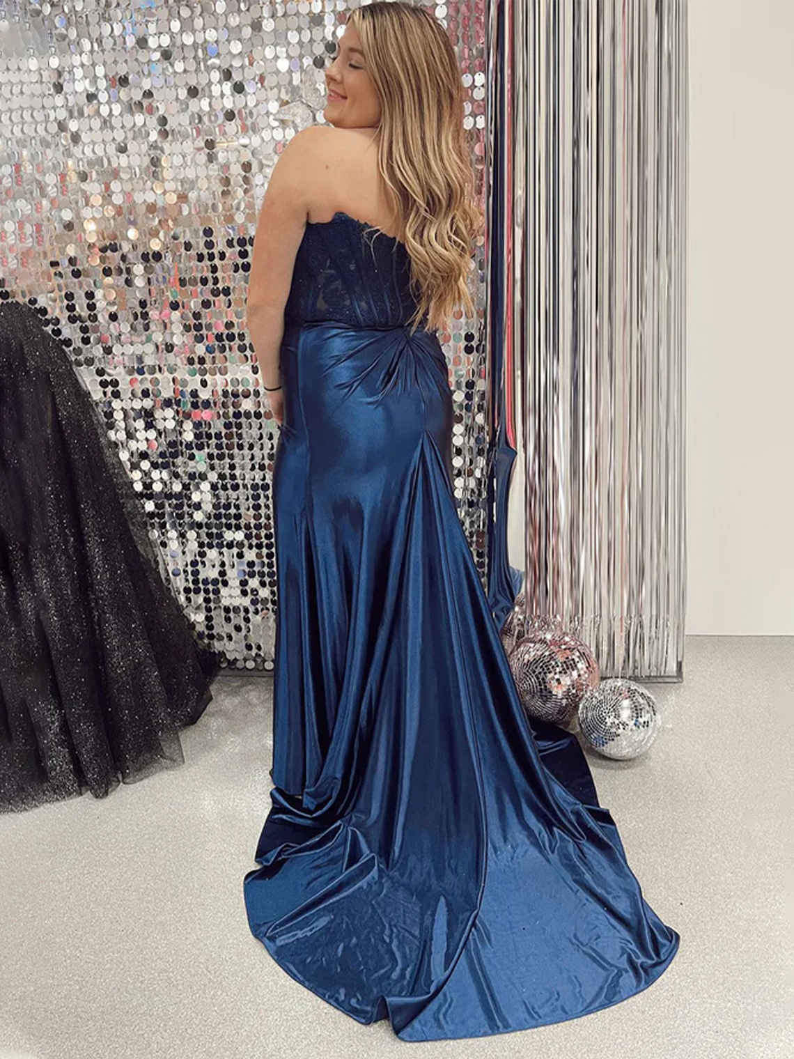 Mermaid Strapless Corset Satin Appliques with Slit Long Prom Dress