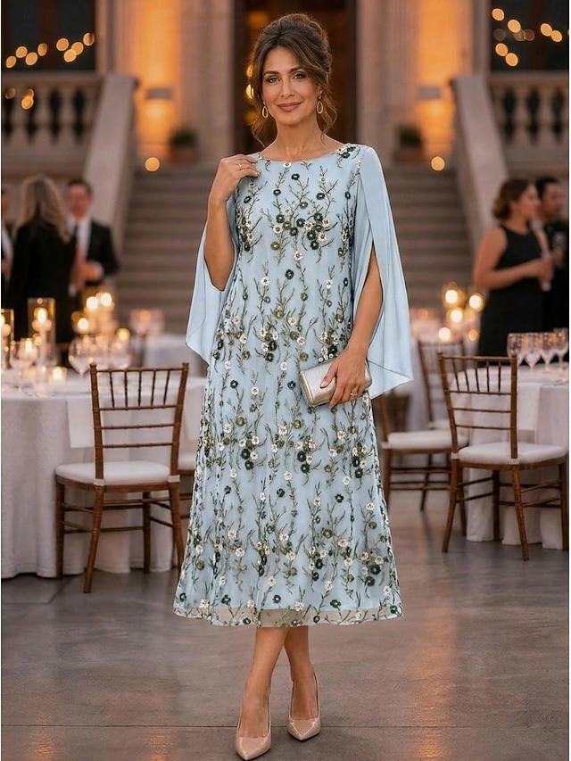 a-line tea length mother of the bride dresses 3/4 length sleeve scoop neck elegant vintage chiffon lace with ruffles, supplier image 4