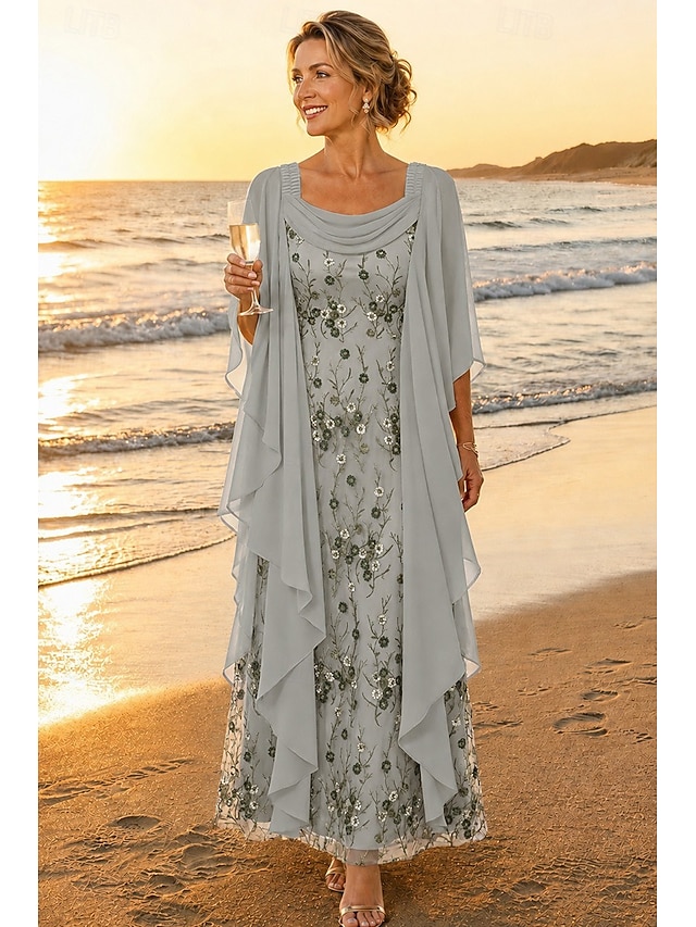 a-line mother of the bride dresses ankle length chiffon lace with beading 3/4 length sleeve elegant, supplier image 9