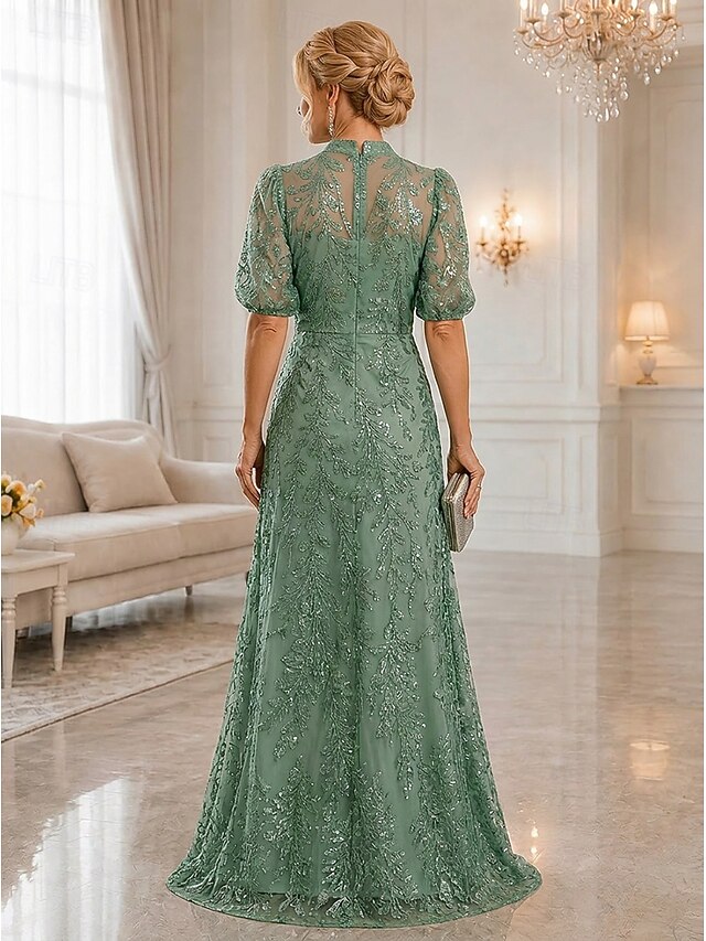 a-line floor length mother of the bride dresses short sleeve high neck v neck elegant luxurious sparkle & shine lace with beading, supplier image 3