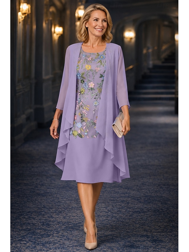 two piece a-line tea length mother of the bride dresses 3/4 length sleeve half sleeve scoop neck elegant simple casual chiffon lace with ruffles, supplier image 2