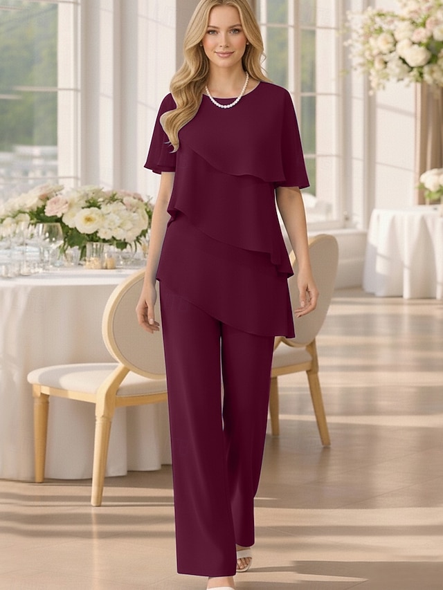 two piece jumpsuit pantsuit floor-length mother of the bride dress wedding guest dress jewel neck short sleeves chiffon elegant, supplier image 12