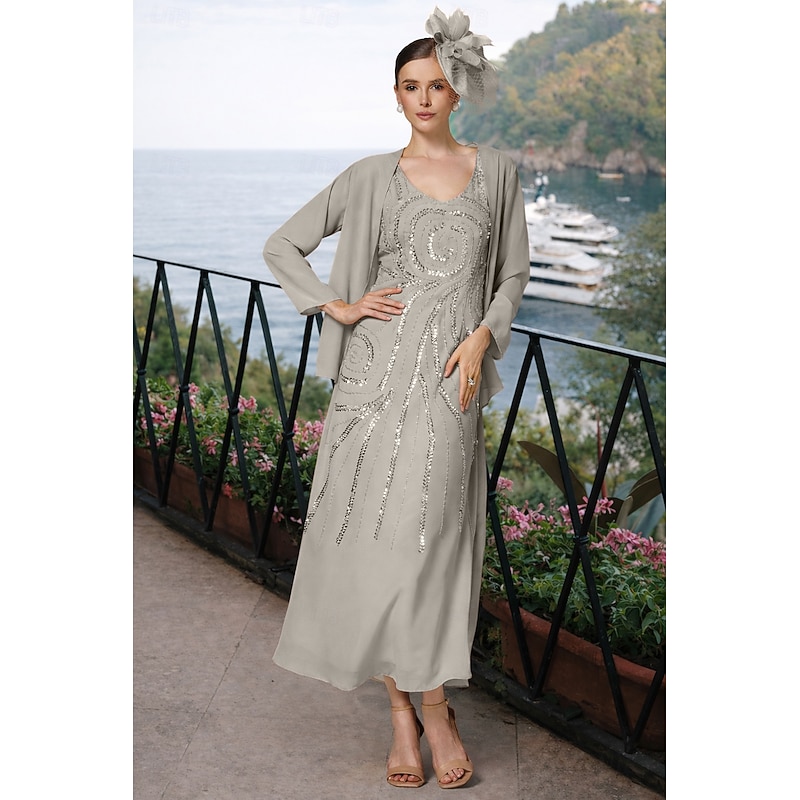 Two Piece Sheath Column Ankle Length Beaded Eembroidered Wedding Guest Dress Formal Dresses Mother of the Bride Dress