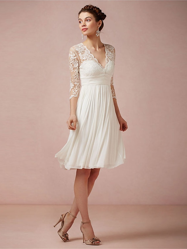 a-line knee-length little white dress wedding dress v-neck 3/4 sleeves chiffon lace, supplier image 2