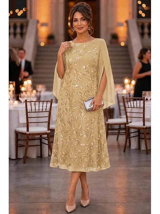 a-line mother of the bride dresses tea length chiffon lace with ruffles 3/4 length sleeve scoop neck, supplier image 1
