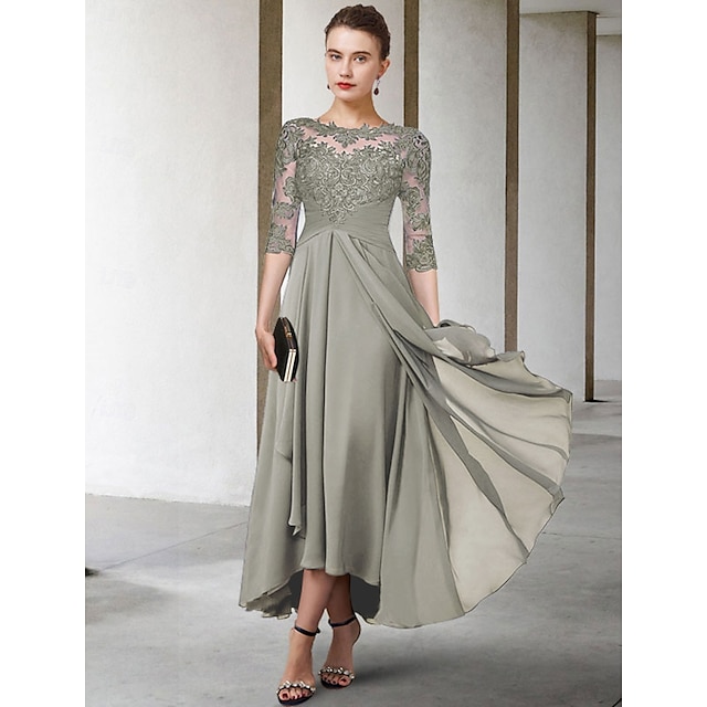 a-line high-low mother of the bride dress wedding guest dress cocktail dress jewel neck half sleeves chiffon lace elegant, supplier image 4