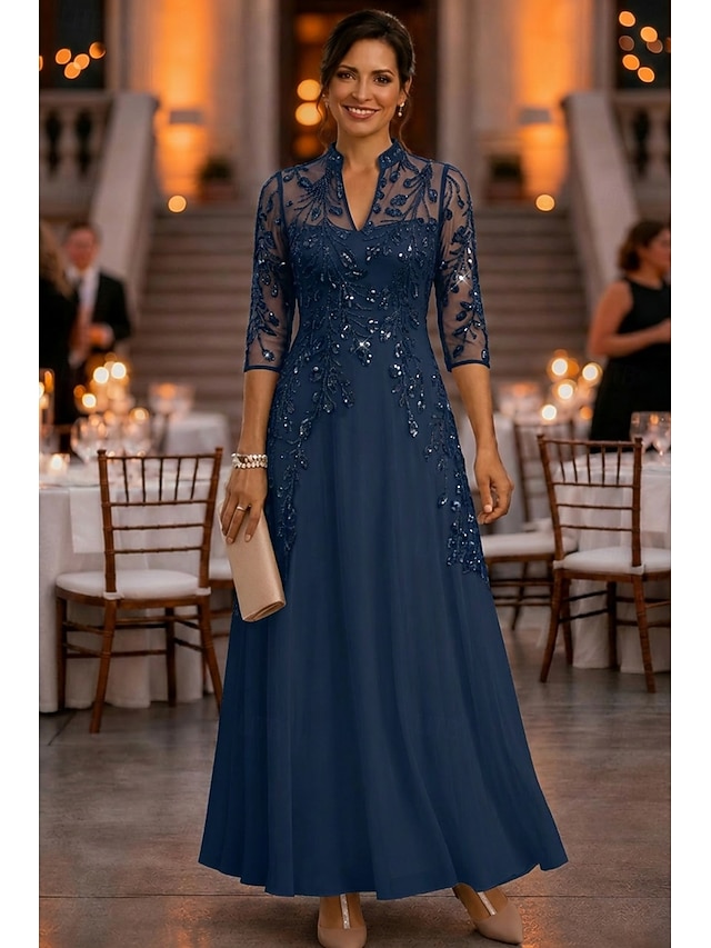 a-line ankle length mother of the bride dresses 3/4 length sleeve v neck elegant vintage luxurious chiffon tulle with beading, supplier image 15