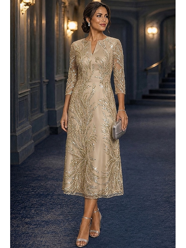 a-line tea length mother of the bride dresses 3/4 length sleeve v neck elegant vintage luxurious lace with beading, supplier image 1