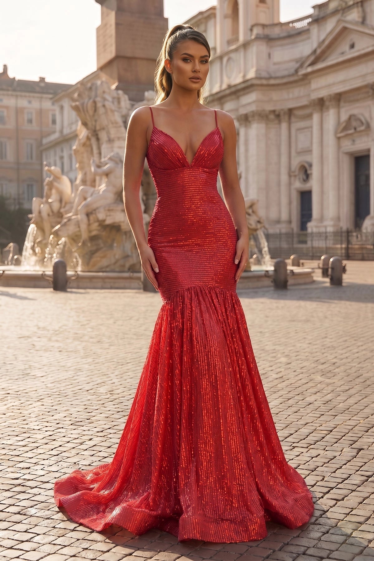 Mermaid Orange Spaghetti Straps Sequins Prom Dresses Evening Dresses in Red, US2