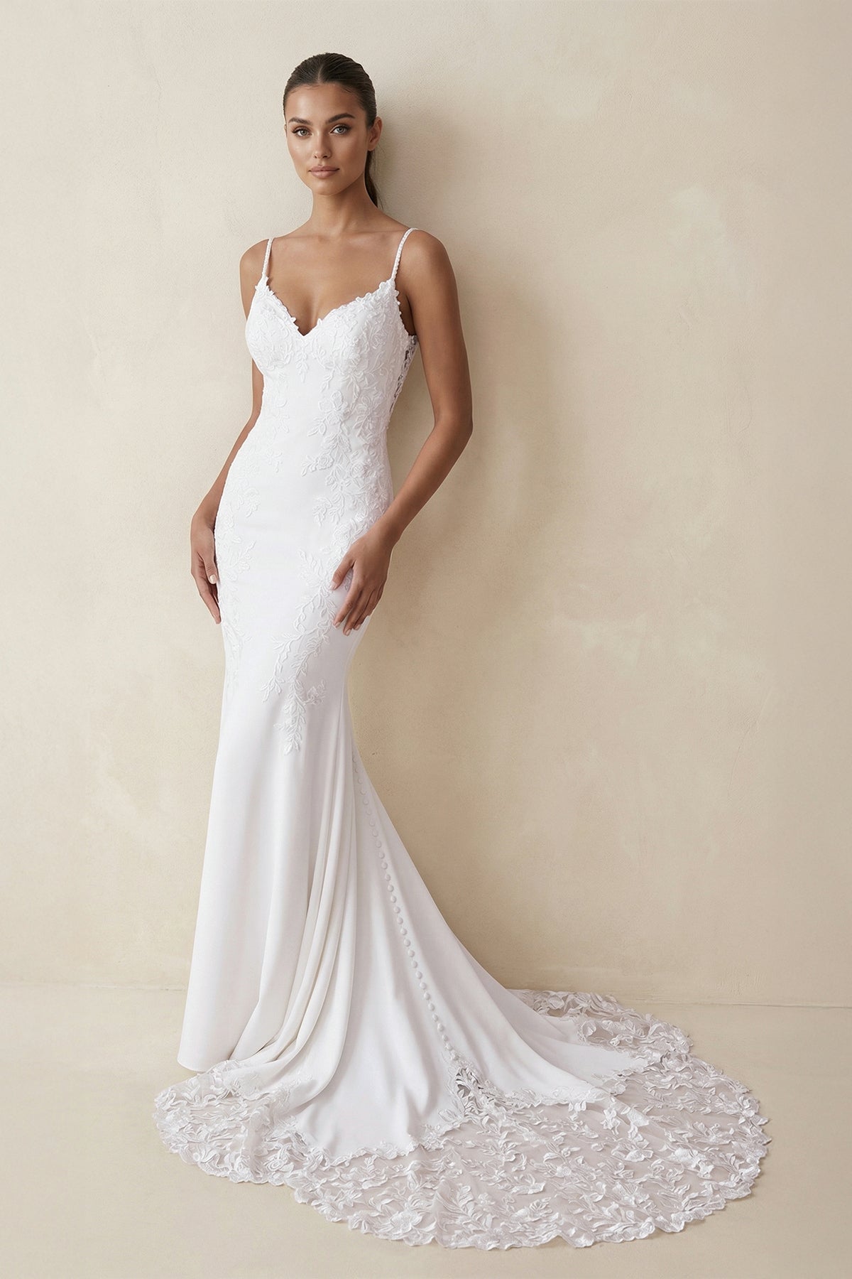 Mermaid Spaghetti Straps Lace Wedding Dresses in White, product image 1