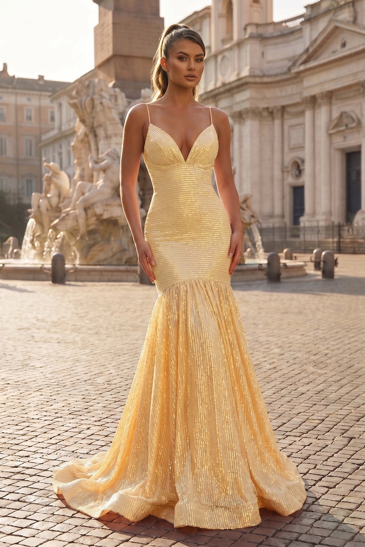 Mermaid Orange Spaghetti Straps Sequins Prom Dresses Evening Dresses, product image 5