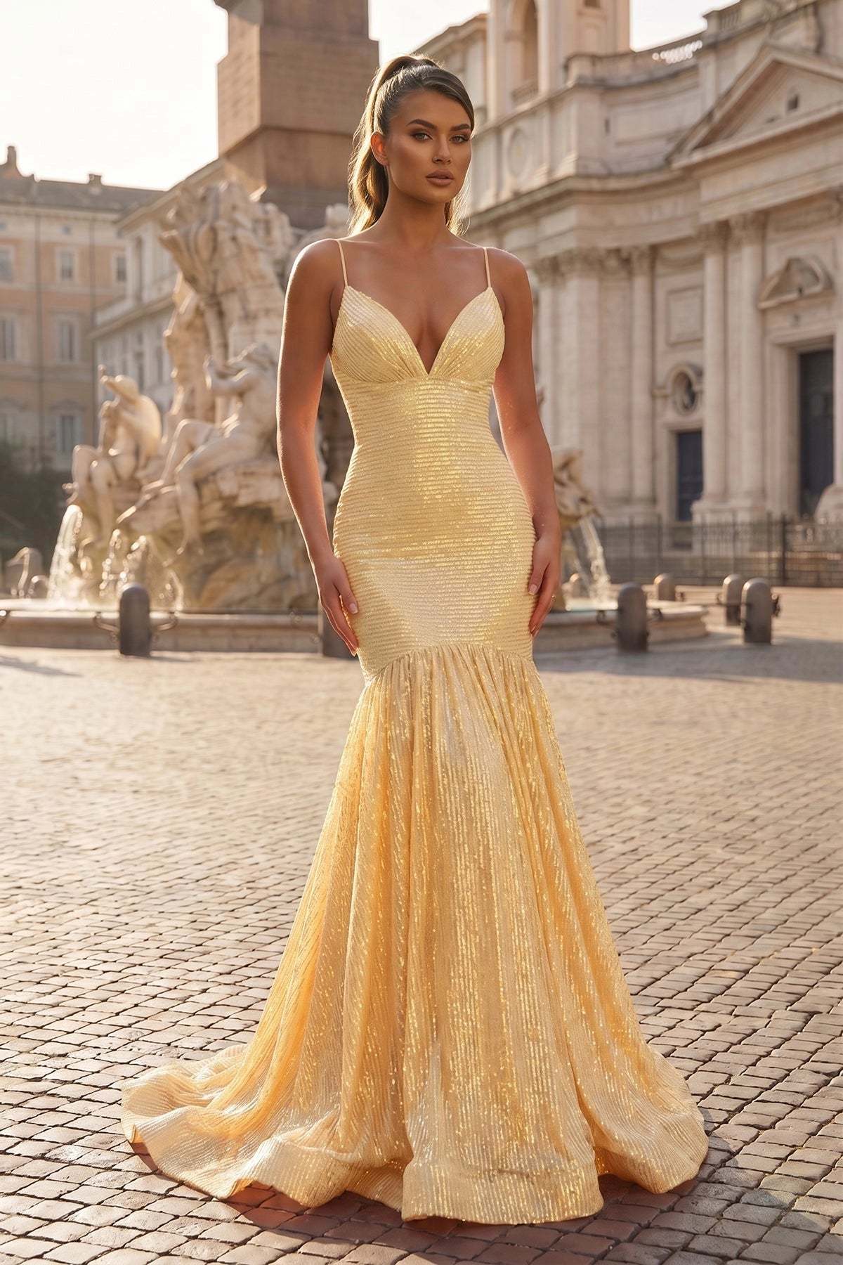 Mermaid Orange Spaghetti Straps Sequins Prom Dresses Evening Dresses, product image 5