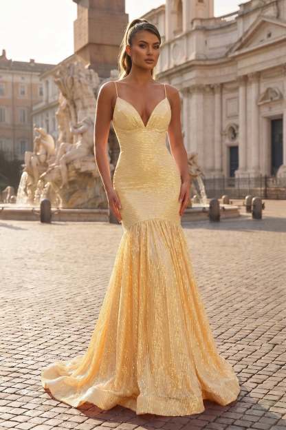Mermaid Orange Spaghetti Straps Sequins Prom Dresses Evening Dresses, product image 5