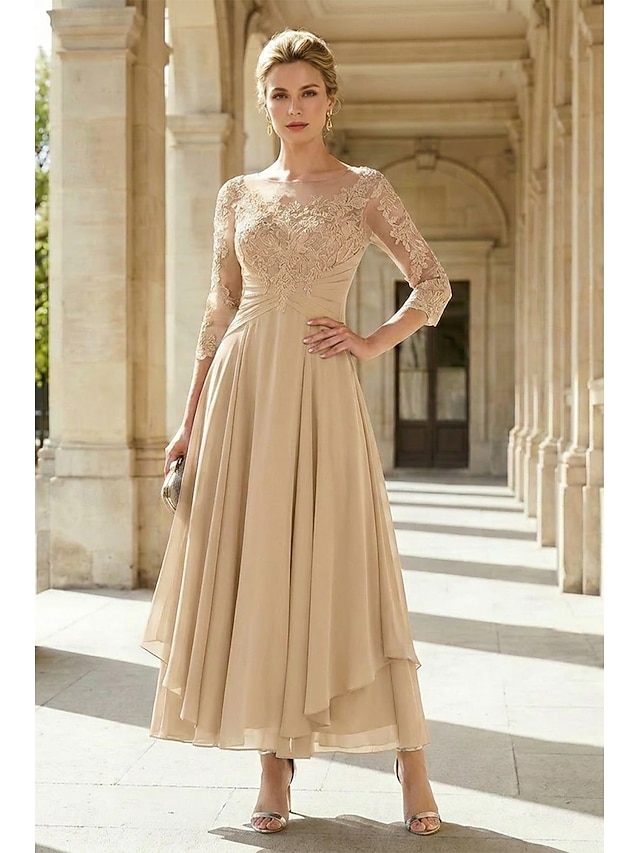 a-line ankle-length mother of the bride dress wedding guest dress cocktail dress jewel neck 3/4 sleeves chiffon lace elegant, supplier image 18