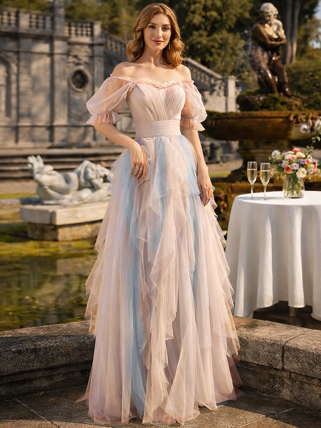 a-line floor-length wedding guest dress prom dress scoop neck half sleeves tulle, supplier image 1