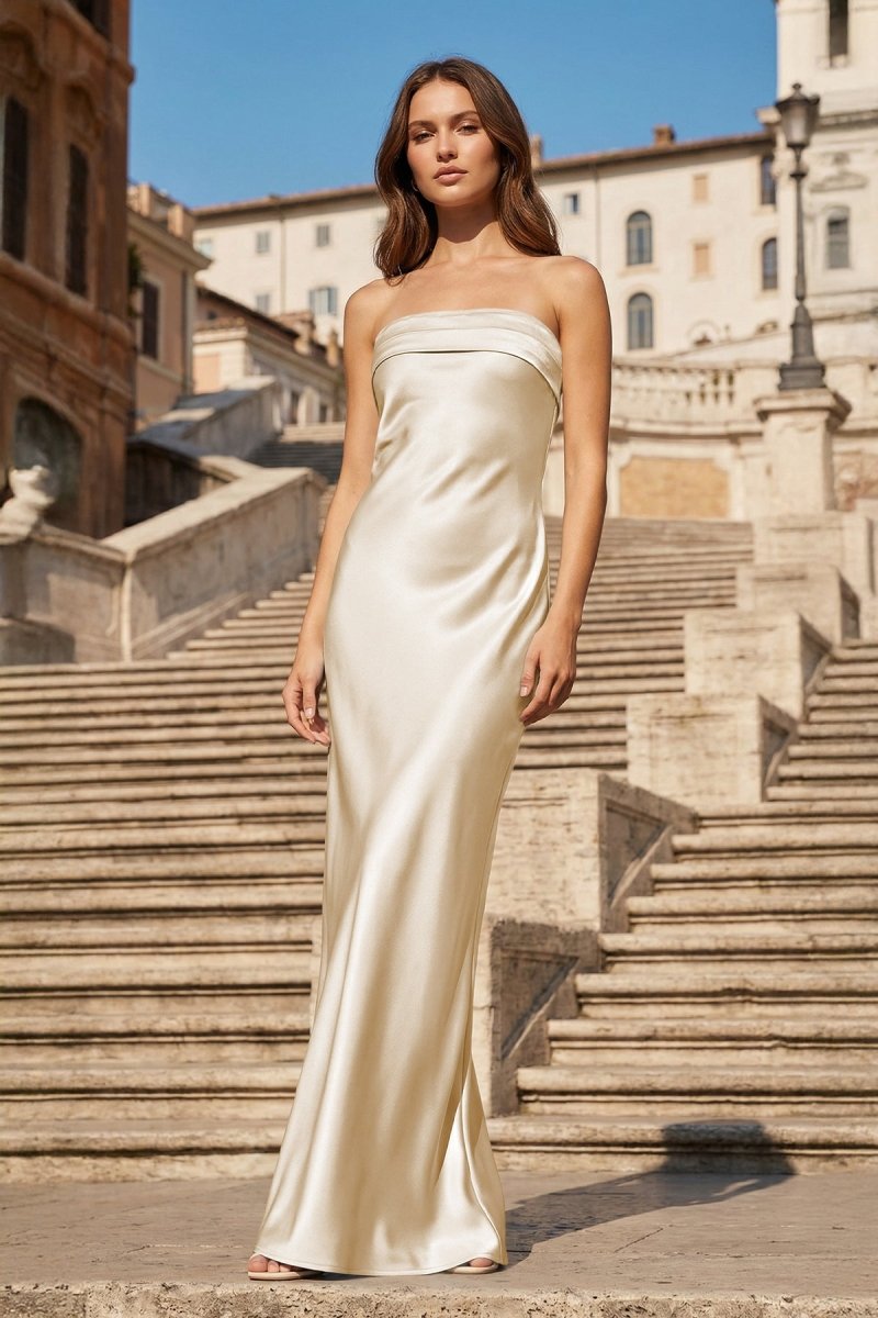 Sky Blue Strapless Sheath Satin Pleated Open Back Long Prom Dresses Evening Dresses, product image 16