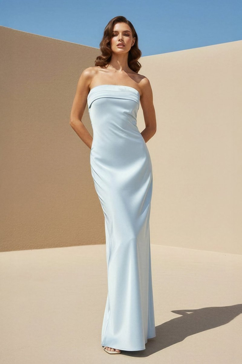 Sky Blue Strapless Sheath Satin Pleated Open Back Long Prom Dresses Evening Dresses in Sky Blue, US2