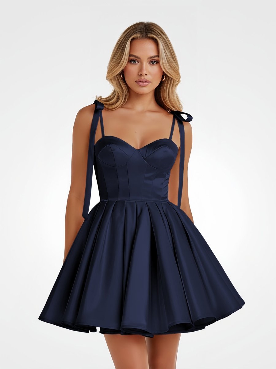 Navy Blue Spaghetti Straps Satin Pleated A-Line Homecoming Dresses with Bow