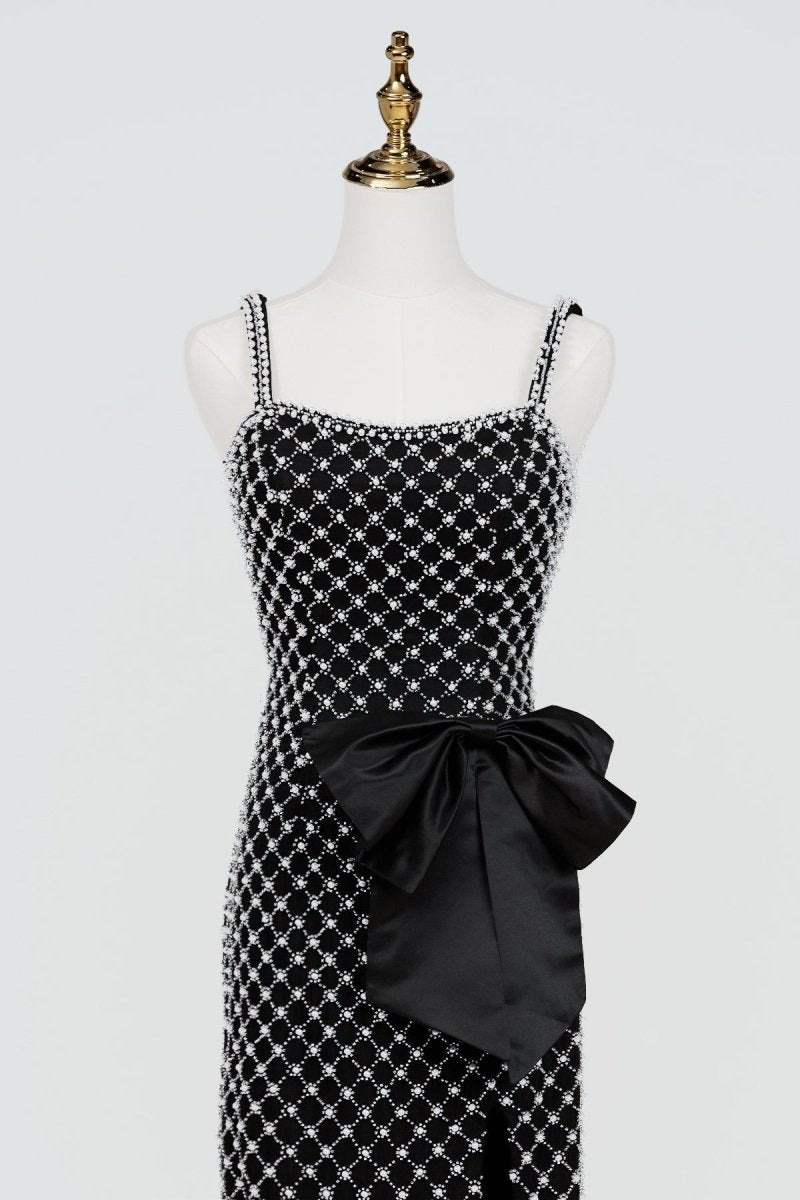 Black Spaghetti Straps Sheath Satin Beaded Formal Prom Dresses With Bowknot, product image 9