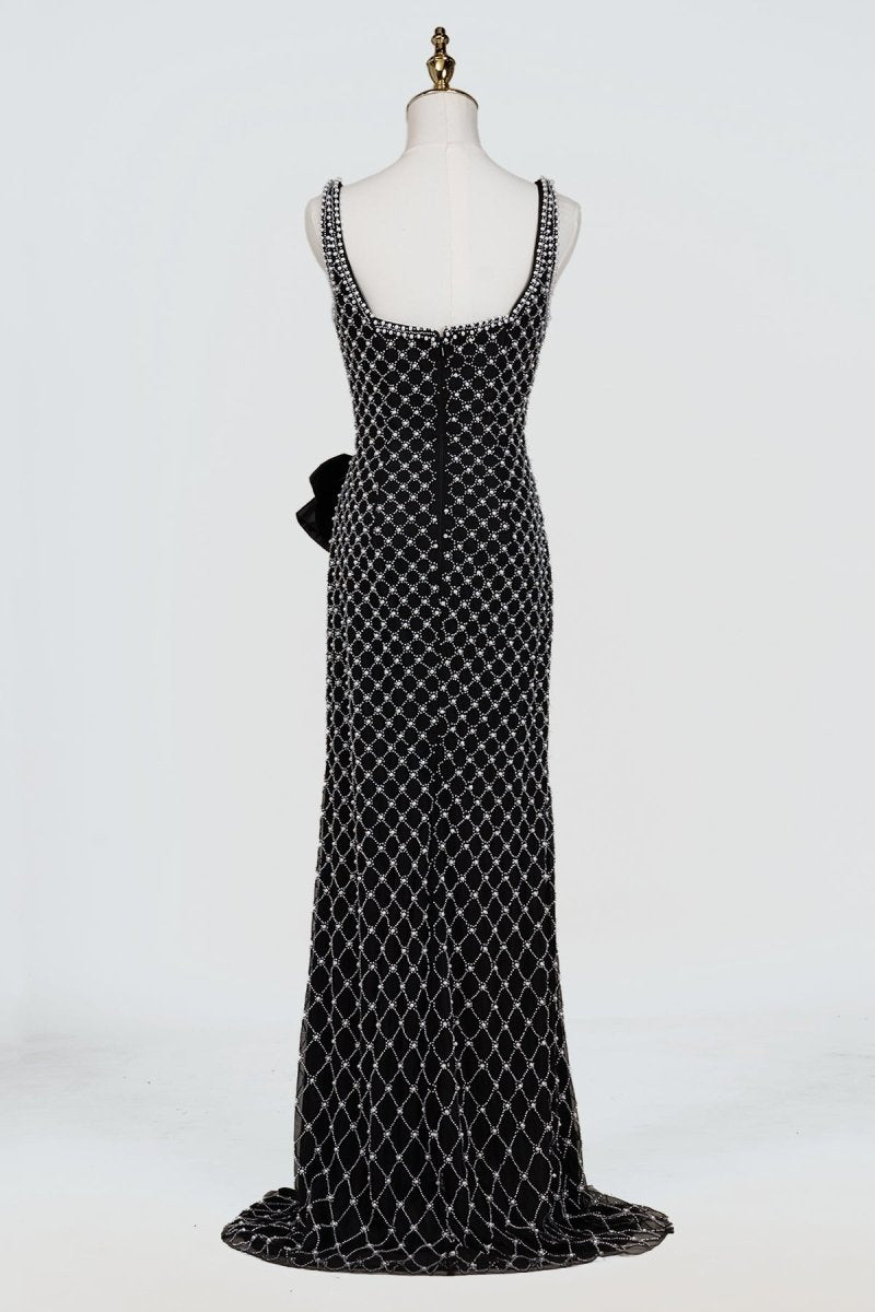Black Spaghetti Straps Sheath Satin Beaded Formal Prom Dresses With Bowknot, product image 8
