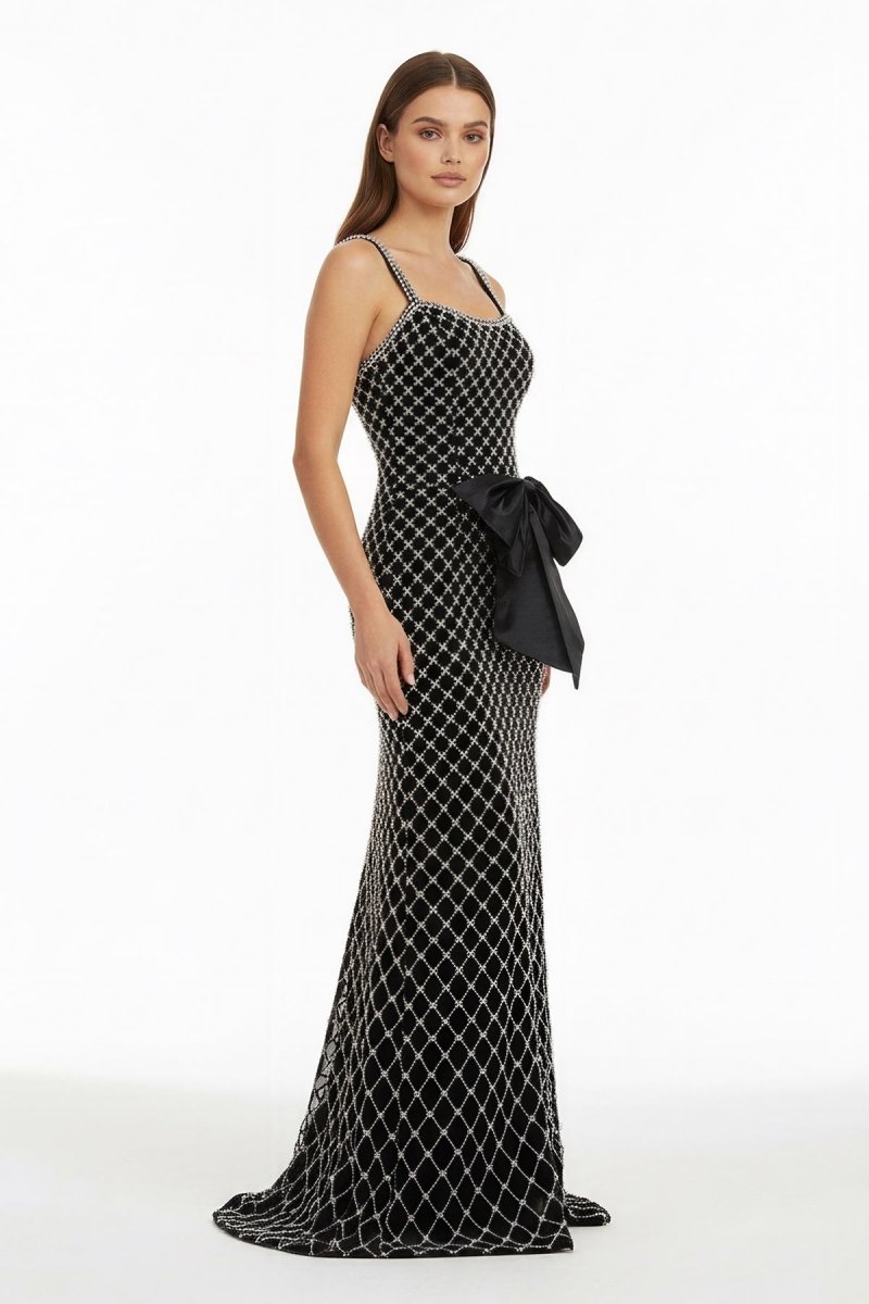 Black Spaghetti Straps Sheath Satin Beaded Formal Prom Dresses With Bowknot, product image 5