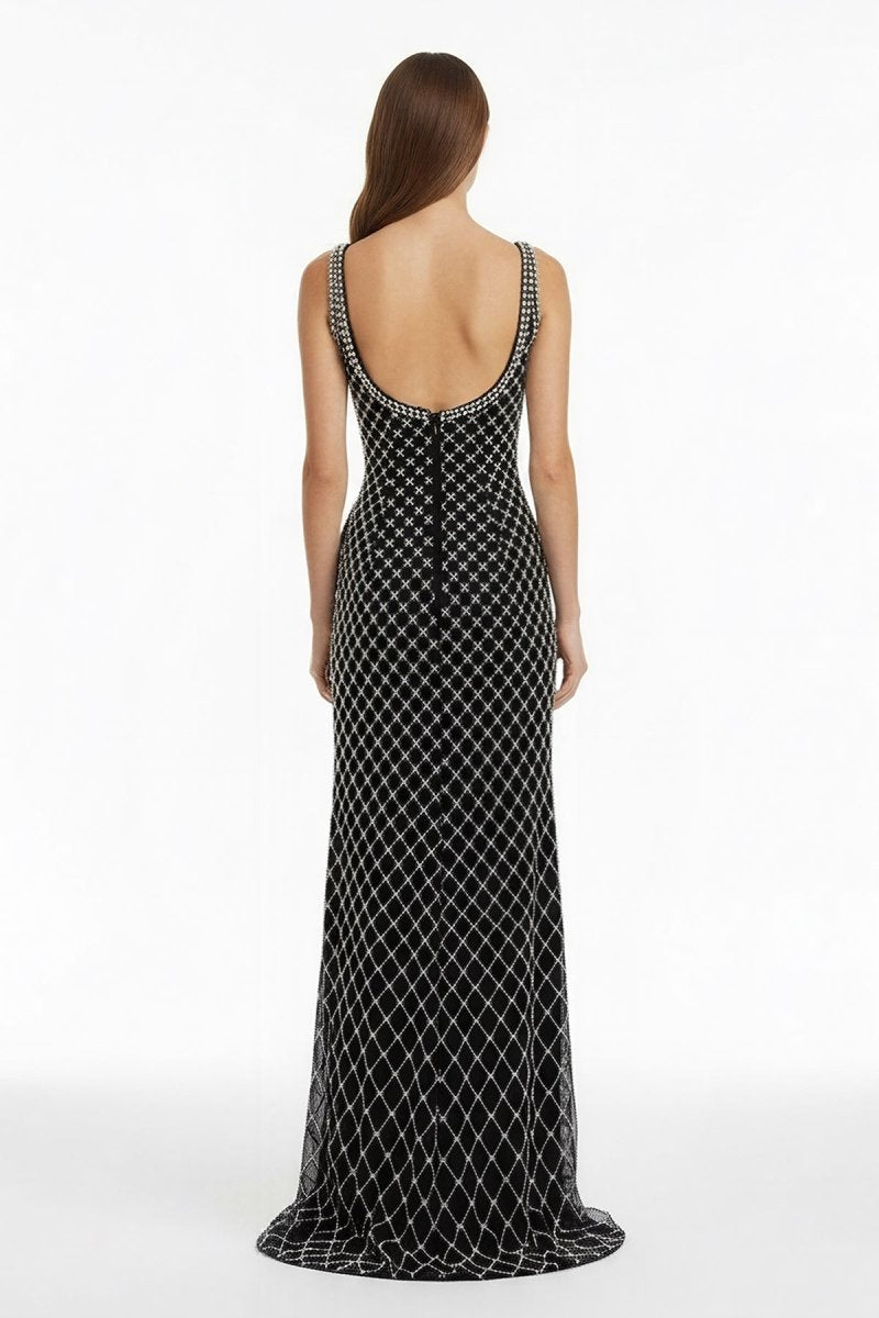 Black Spaghetti Straps Sheath Satin Beaded Formal Prom Dresses With Bowknot, product image 4