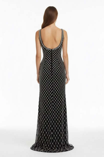 Black Spaghetti Straps Sheath Satin Beaded Formal Prom Dresses With Bowknot, product image 4