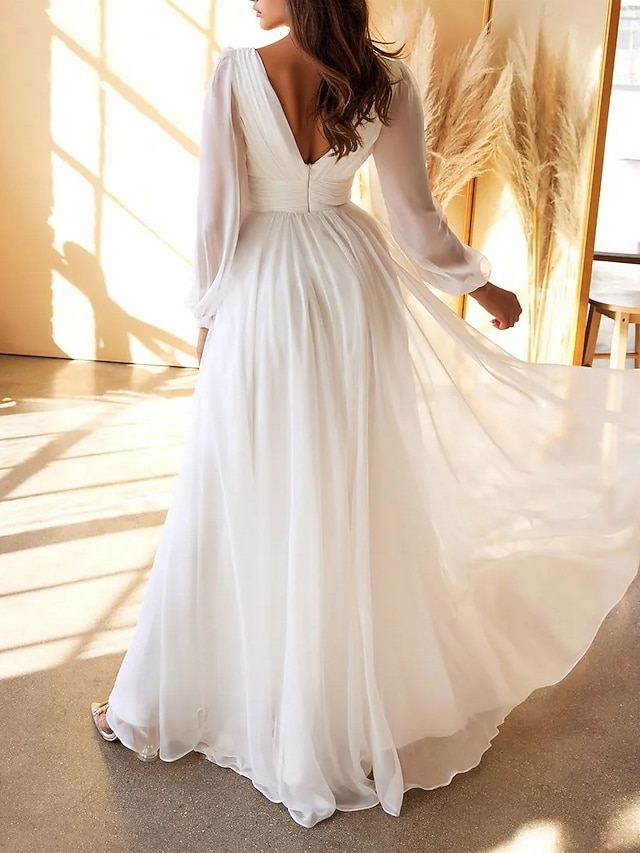 a-line floor-length little white dress wedding dress v-neck long sleeves chiffon, supplier image 2