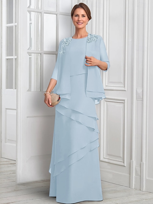 two piece a-line mother of the bride dresses wedding guest dresses floor length chiffon half sleeve, supplier image 1