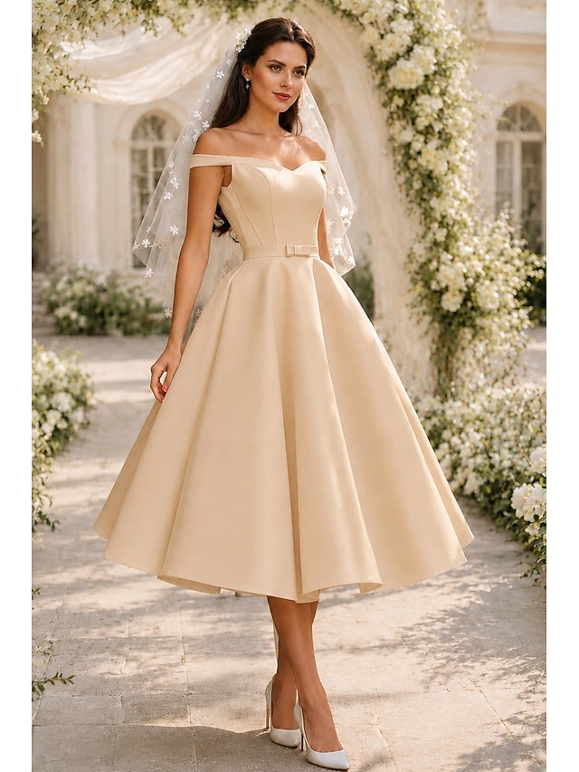 a-line tea-length little white dress wedding dress wedding guest dress cocktail dress off-the-shoulder sleeveless, supplier image 11