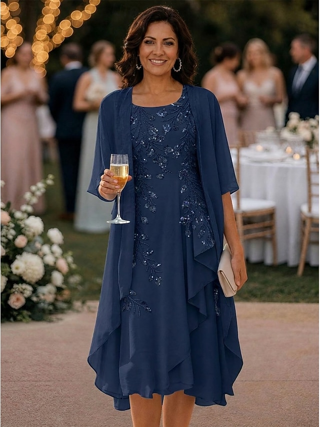 two piece a-line knee length mother of the bride dresses 3/4 length sleeve scoop neck elegant simple chiffon, supplier image 11