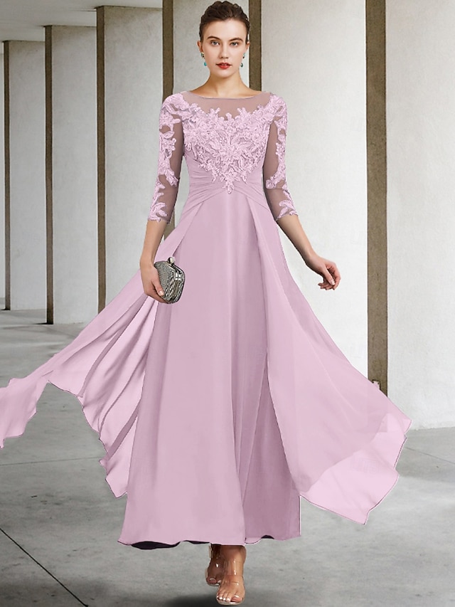 a-line ankle-length mother of the bride dress wedding guest dress cocktail dress jewel neck 3/4 sleeves chiffon lace elegant, supplier image 27