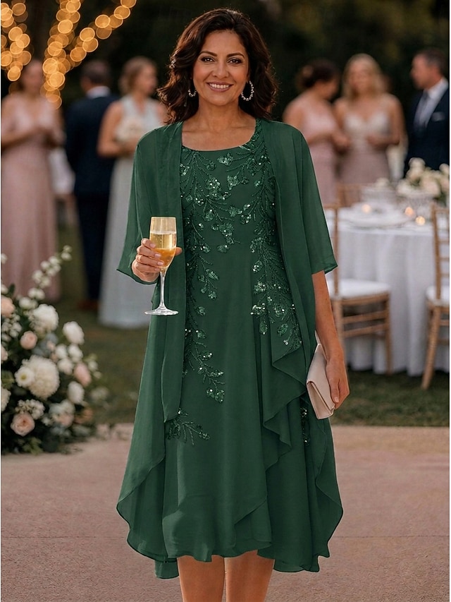 two piece a-line knee length mother of the bride dresses 3/4 length sleeve scoop neck elegant simple chiffon, supplier image 7