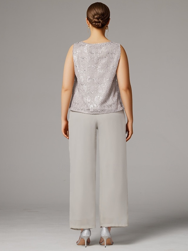 3 piece jumpsuit pantsuit floor-length mother of the bride dress wedding guest dress scoop neck sleeveless chiffon lace elegant, supplier image 23