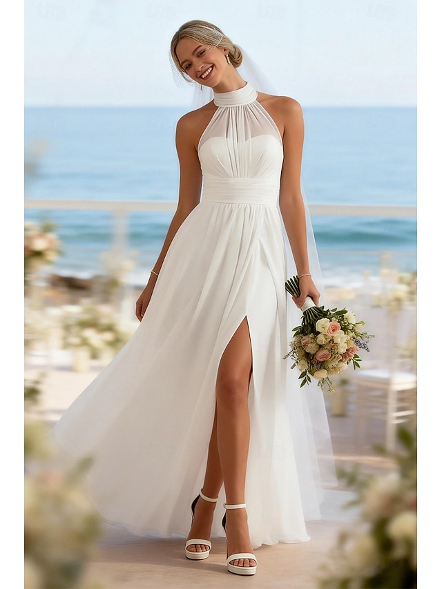 a-line floor-length little white dress wedding dress high neck sleeveless, supplier image 1