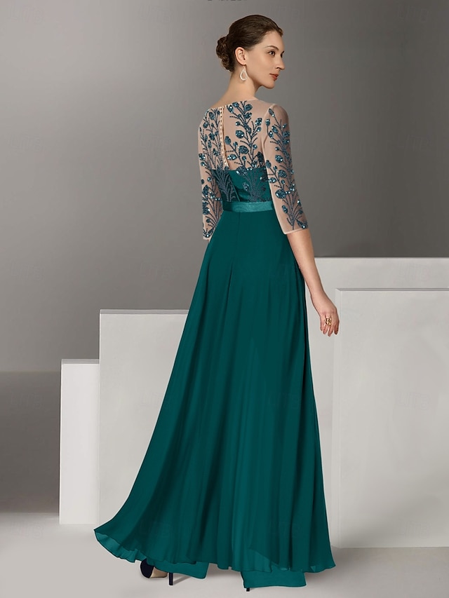 mother of the bride dresses floor length chiffon lace 3/4 length sleeve illusion neck elegant, supplier image 2