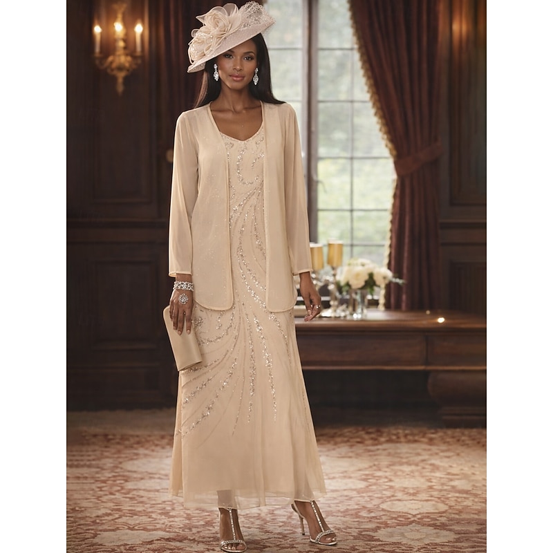 Two Piece Sheath Column Ankle Length Beaded Eembroidered Wedding Guest Dress Formal Dresses Mother of the Bride Dress