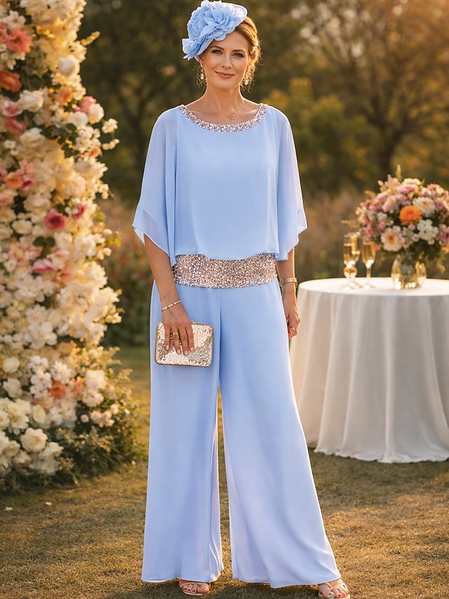 two piece pantsuit mother of the bride dresses floor length chiffon with sequin half sleeve elegant, supplier image 1