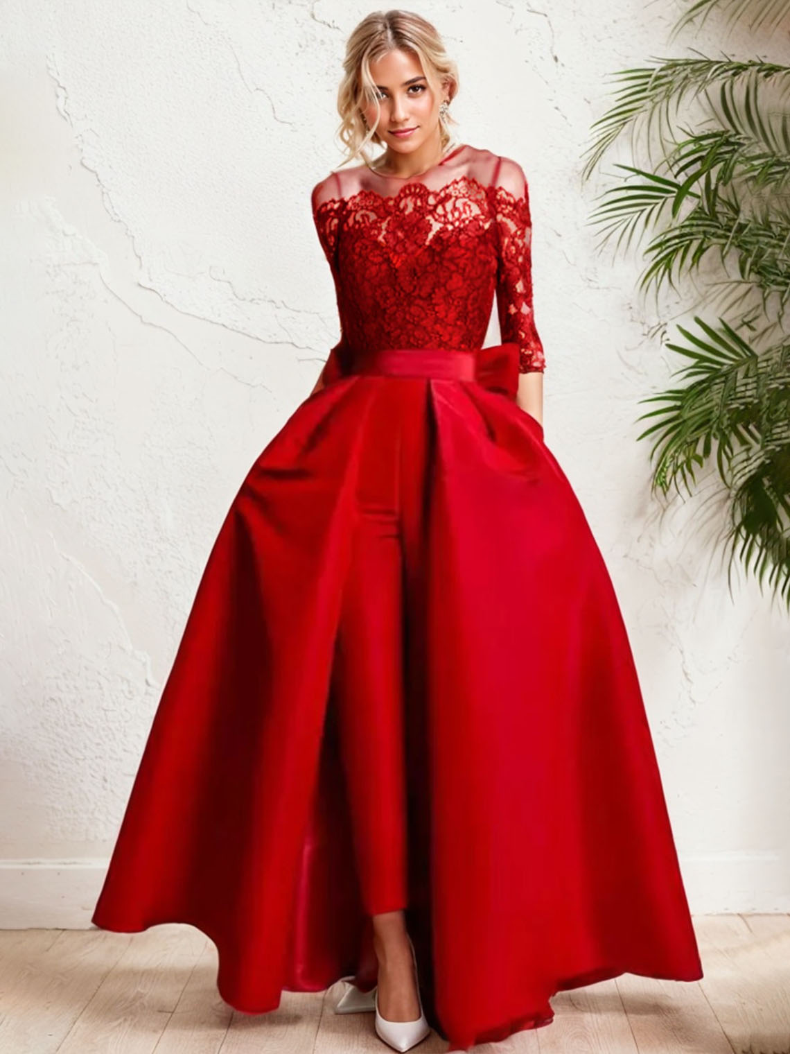 Red Jumpsuits Stretch Fabric Off Shoulder Detachable Evening Dress