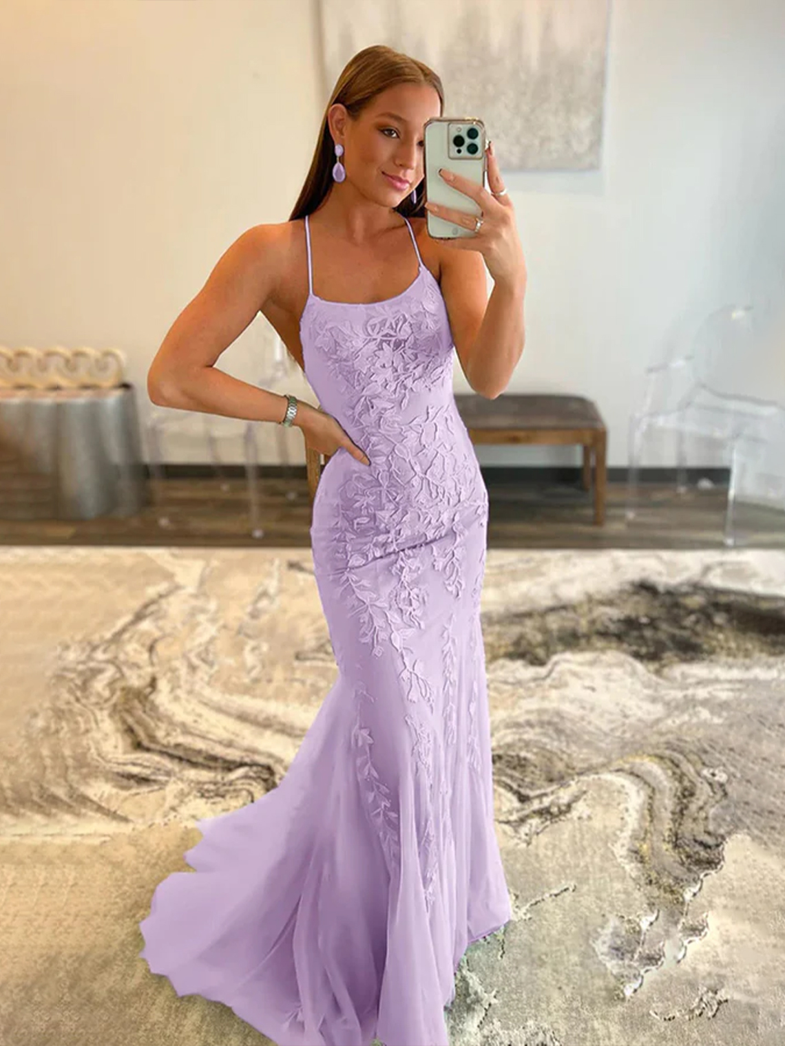 Mermaid Spaghetti Straps Lace Tulle with Appliques Prom Dress