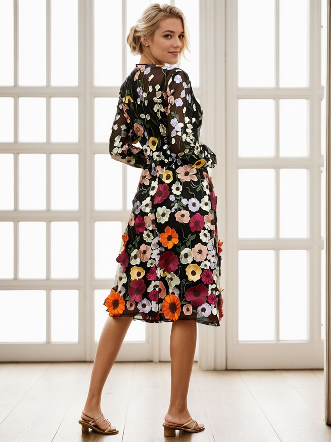 Black V Neck Tulle Long Sleeve Tea Length With Embroidered Prom Dress