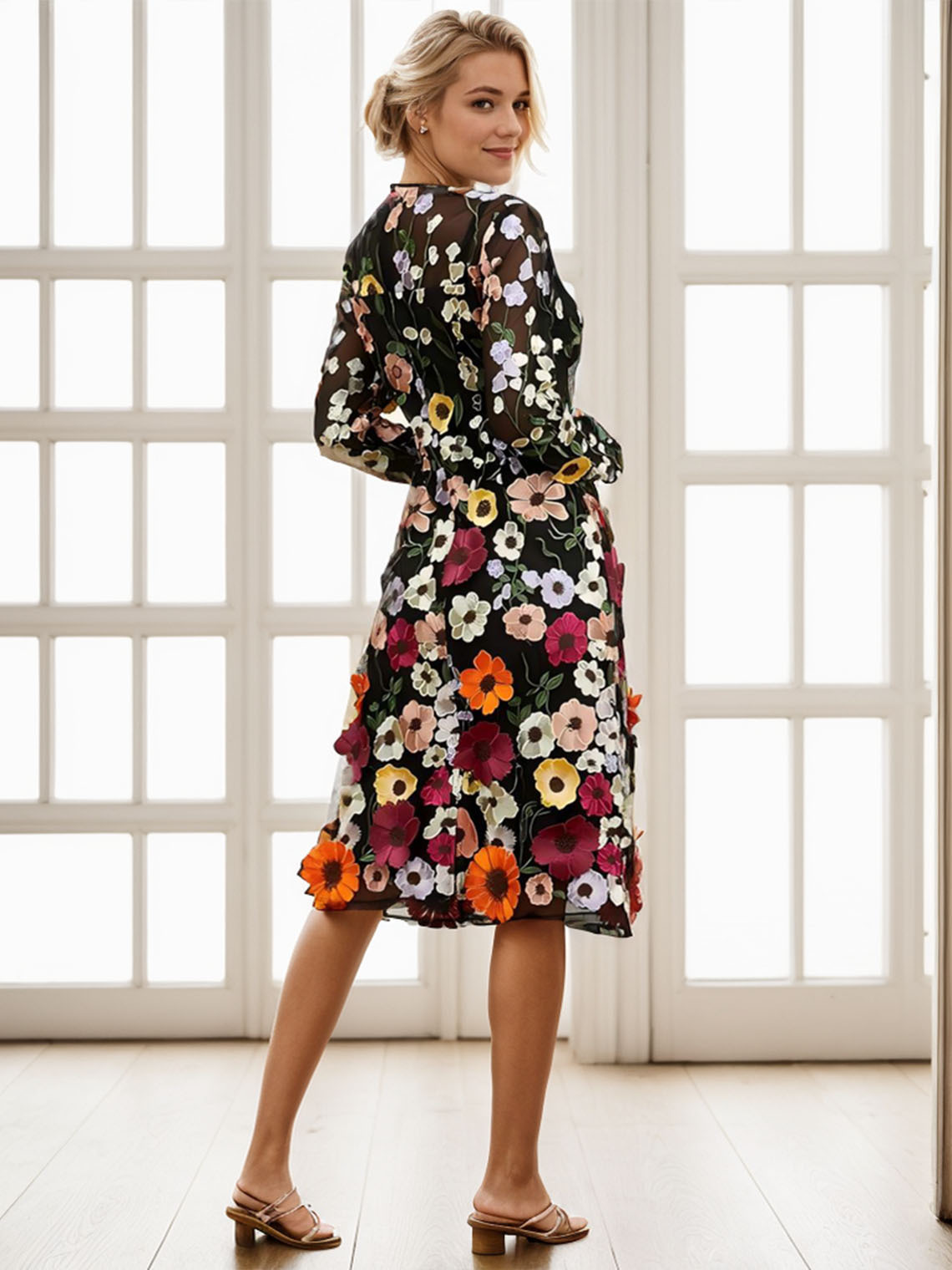 Black V Neck Tulle Long Sleeve Tea Length With Embroidered Prom Dress