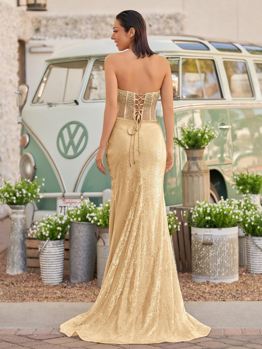 Strapless Mermaid Long Sequins Prom Dresses With Split Evening Dresses, product image 17