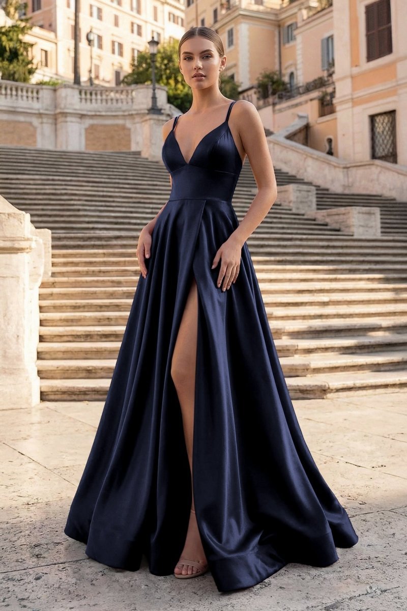 Burgundy Spaghetti Straps A Line Satin Long Prom Dresses With Slit Evening Dresses, product image 9
