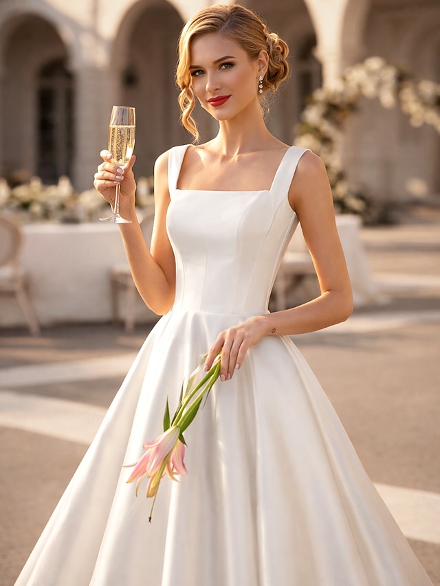 a-line ankle-length little white dress wedding dress square neck satin, supplier image 2